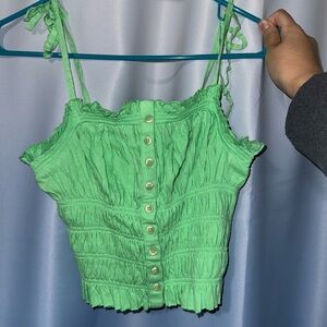 NWT UO Urban Outfitters Green Smocked Spaghetti Strap Cropped Top With Buttons